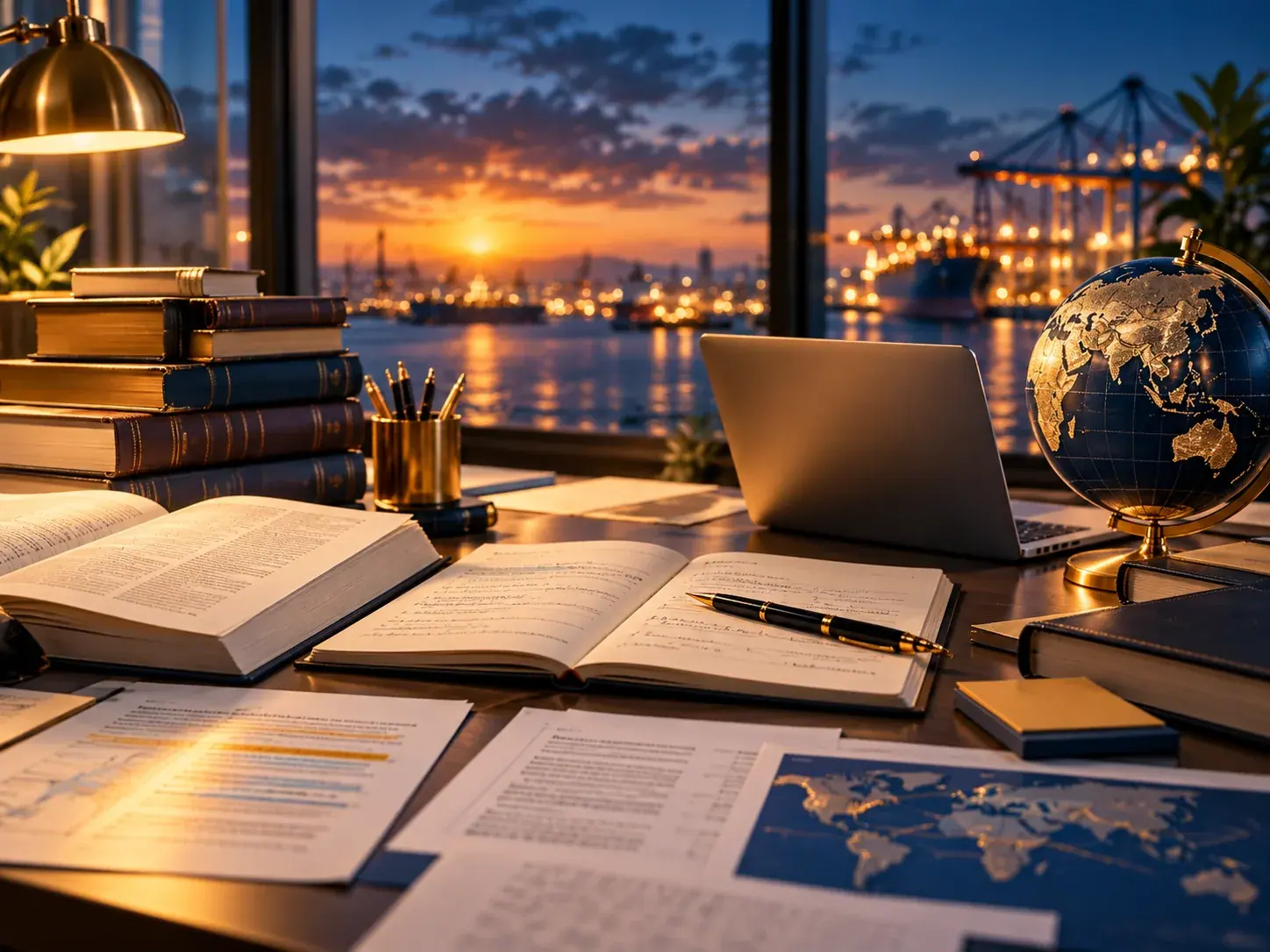 Visuel illustratif d’un bureau de traduction avec documents et ouvrages